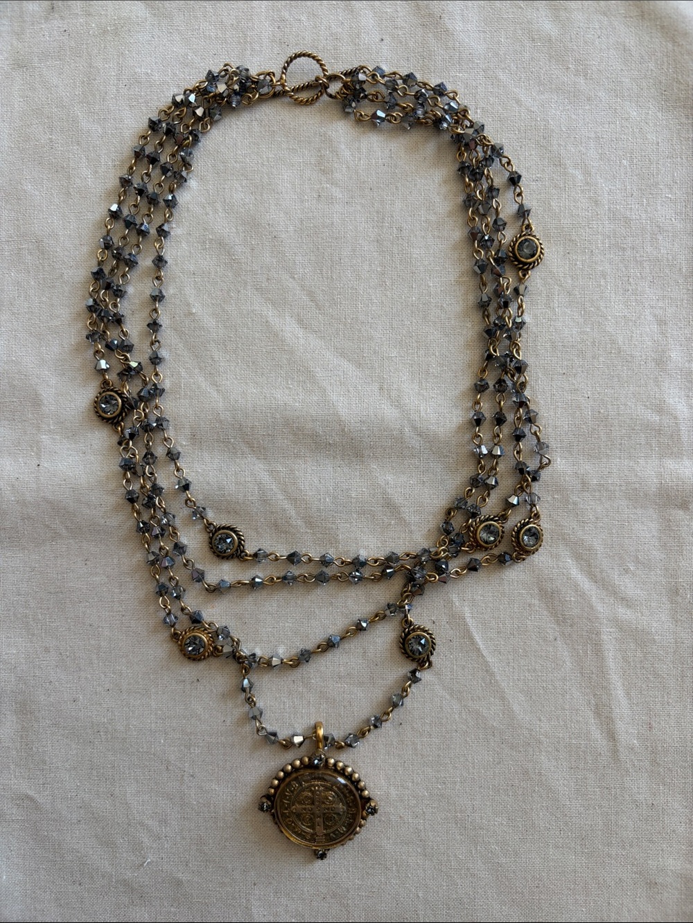 Virgins Saints & Angels Gray Crystal and Gold Layered Pendant Necklace